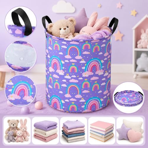 Collapsible Kids Laundry Basket Clothes Hamper, Foldable Storage Organizer Bin, Toy Clothes Storage with Handles for Boys Girls Bedroom, Room Decor Purple Rainbown - Image 7