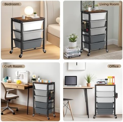 Rolling Cart with 4 Drawers, Plastic Drawer Storage Carts with Wheels & Wooden Tabletop, Metal Utility Cart with Pegboards, Office Living Room Classroom Craft Organization and Storage, Dark Grey - Image 6