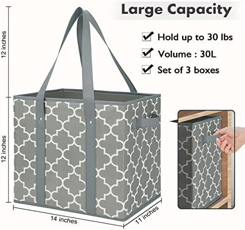 WISELIFE 3-Pack Reusable Grocery Bags Foldable Washable Storage Bins Basket Water Resistant Shopping Utility Tote Bag Grey - Image 3