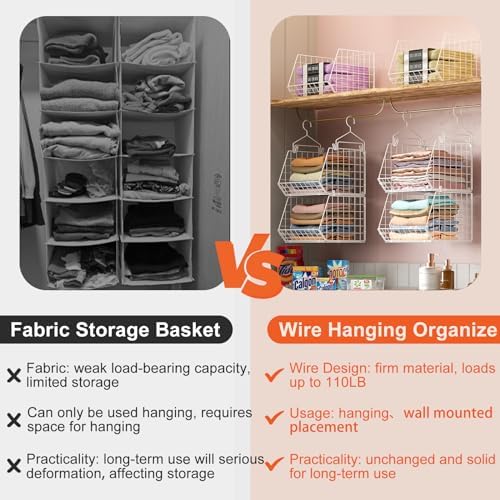 X-cosrack 6 Tier Closet Hanging Organizer, Clothes Hanging Shelves with 4 Hanging Hooks 5 S Hooks, Wire Storage Basket Bins, for Clothing Sweaters Shoes Handbags Clutches Accessories Patent - Image 5