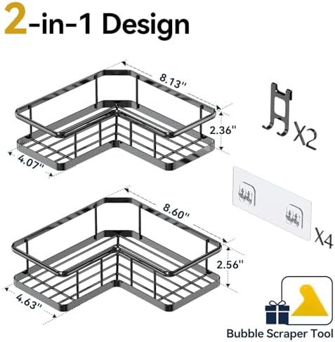 YASONIC Corner Shower Caddy Adhesive, 100% Rustproof Shower Organizer, No Drill Shower Shelf for Inside Shower, Wall-Mounted Shower Storage for Homes (2 Pack, Black) - Image 2