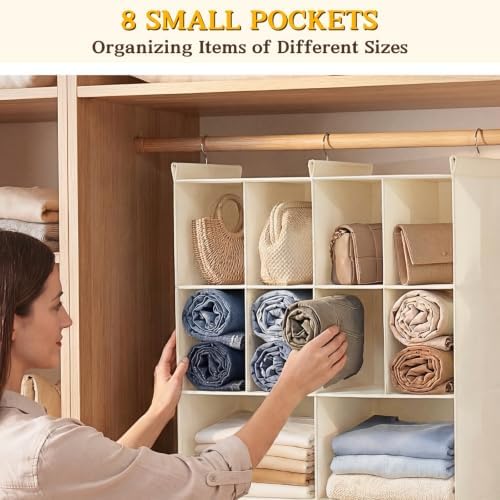 3 Tier Hanging Closet Organizer, 10 Compartments Dual Row Storage, Beige | Closet Organizers and Storage with Large & Small Pockets, 3 Sturdy Hooks Support Heavy Loads, for Dorm, RV, Garment Rack - Image 5