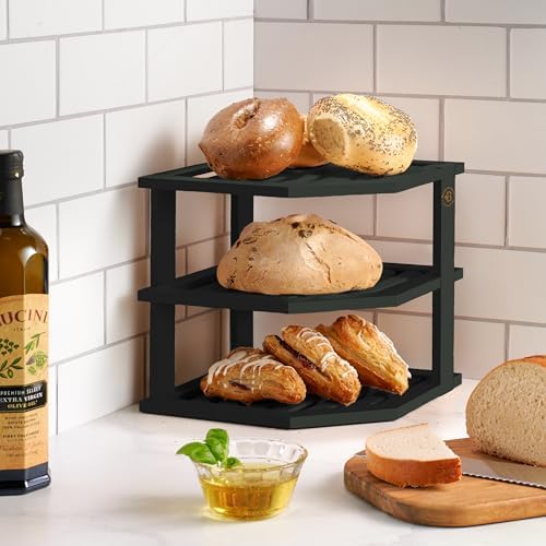 Black Plate Organizer for Cabinet - 3 Tier Bamboo Corner Cabinet Organizer Shelf for Plates Bowls Mugs Cups, Kitchen Cabinet Organizer, Cabinet Shelf Organizer, Countertop Rack, 10 x 10 x 9.5 Inch - Image 2
