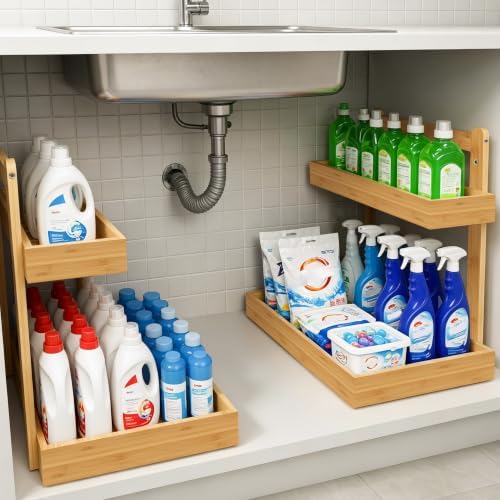 Bamboo Under Sink Organizer - 2 Tier Pull Out Cabinet Shelves with Adjustable Height, Undersink Storage Slide Out for Kitchen Bathroom Cabinet Pantry (Natual, 2 Packs) by EASIDAYFAN