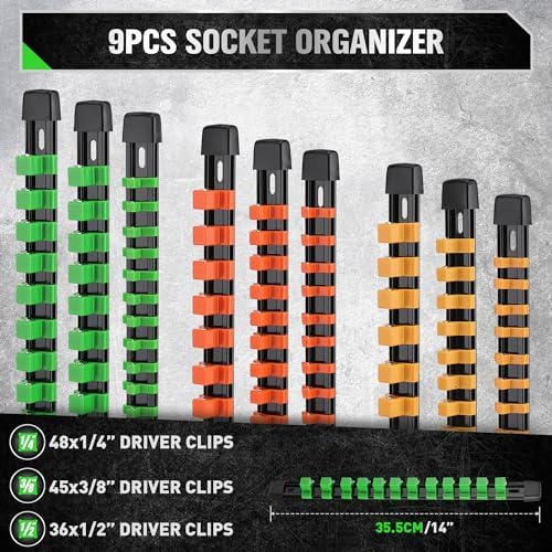 SWANLAKE Organizer Socket Holder, 9PCS 1/4-Inch x 48 Clips, 3/8-Inch x 45 Clips, 1/2-Inch x 36 Clips, Premium Quality Socket Clip Rail Holder - Image 2