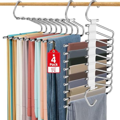 Upgrade 9 Layers Pants Hangers Space Saving, 4 Pack Multifunctional Pants Rack Non Slip Stainless Steel Clothes Space Saver Hangers Closet Organizers Storage for Pants Jeans Legging Skirt, Silky White | Metal Space Saving Hangers Multi-Layer Multifunct... by Besslly