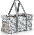 Extra Large Utility Tote Bag, Oversized Collapsible Reusable Wire Frame Rectangular Canvas Basket With Two Exterior Pockets For Beach, Pool, Laundry, Car Trunk, Storage - Geo Grey by Lucazzi