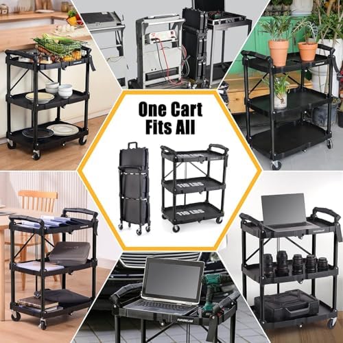 FUTURELAB Portable Folding Service Cart - 3 Tier 330LBS Capacity - Rolling Utility Foldable Cart with Wheels for Warehouse Home Workshops Garages Restaurants Offices - Image 2