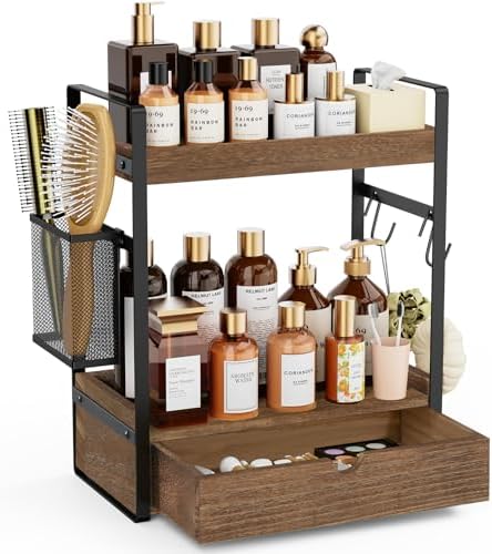 2-Tier Bathroom Counter Organizer with Drawer Basket and Hooks, Wood Bathroom Organizers and Storage for countertop, Farmhouse Dark Brown Countertop Organizer, Counter Shelf for Vanity Kitchen Office by Ukonvi