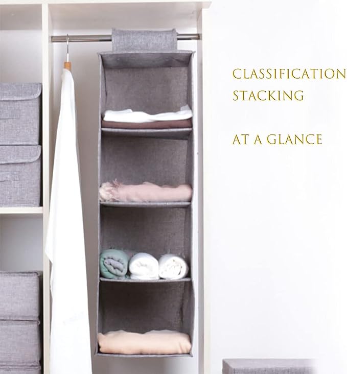 Tinyuet Hanging Closet Organizer, 4-Shelf Collapsible Hanging Closet Shelves, Hanging Organizer for Closet & RV, 31.5" H X 10.6" W X 10.6" D - Gray - Image 6