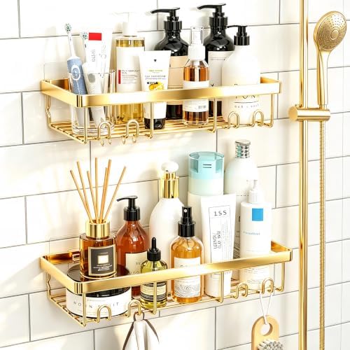 Moforoco Shower Caddy Shelf Organizer Rack, Self Adhesive Black Bathroom Shelves Basket, Home Farmhouse Wall Inside Organization and Storage Decor Rv Accessories, First Camper Apartment Essentials by MOFOROCO