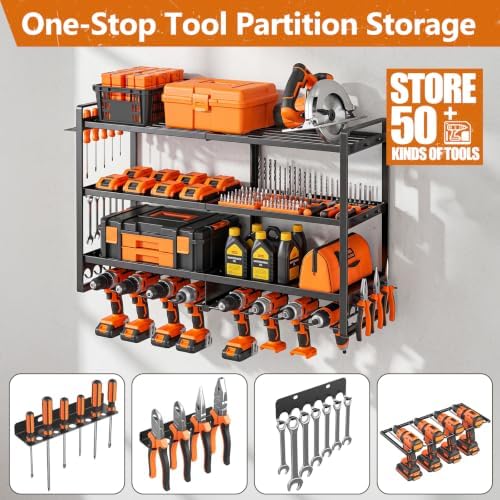 Large Power Tool Organizer Wall Mount,4 Layer Heavy Duty Metal Tool Storage Rack Loads 300lbs with 8 Cordless Drill Holder, Utility Rack Loads, Garage Storage, Gift for Men - Image 3