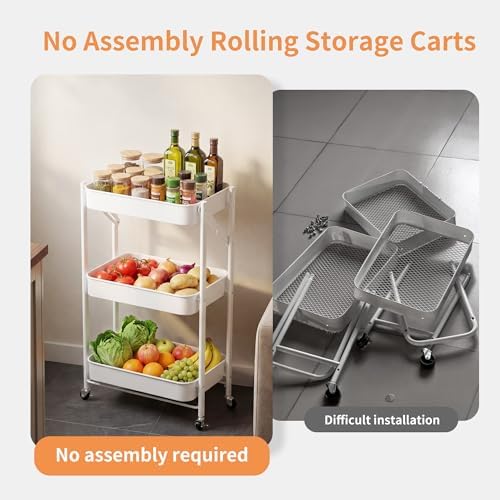 JAQ Foldable Rolling Cart with Wheels, No Assembly Required 3-Tier Small Utility Cart, 26.8" Low Profile Under Desk Storage Cart, 10" Wide Narrow Organizer for Office and Kitchen, White - Image 2