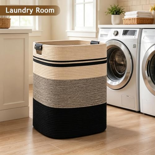 Laundry Hamper, Cotton Rope Laundry Basket with Leather Handles, 21.1-Gallon/80 L Large Clothes Hampers for Laundry, Woven Laundry Baskets for Blankets, Clothing, Bedroom, Living Room, Nursery - Image 2