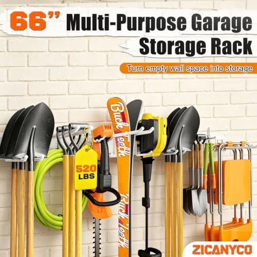 Garage Tool Organizer Wall Mount 66 inches with 13 Adjustable Heavy-Duty Hooks, Garage Organization, Garden Tool Storage Rack for Garage,Yard,Shed, Holds Up to 520 lbs,White - Image 2