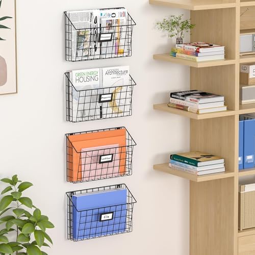 X-cosrack 4-Tier Hanging Wall File Holder Vertical Wall Mount Metal Wall File Organizer with Tag Slot Document Magazine Rack Mail Organizer for Office Home, Black - Image 2