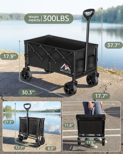 30.3" Long Collapsible Grocery Wagon Cart with Wheels 300LBS Heavy Duty Foldable Wagon for Groceries Shopping Outdoor Apartment Portable Folding Utility Grocery Trolley, Black, L - Image 2