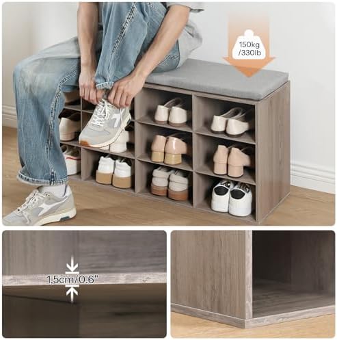 HOOBRO Shoe Storage Bench with Cushion, 39.4" L Entryway Bench with 12 Cubbies, Entryway Hall Tree with Storage, Shoe Cabinet with Coat Rack for Bedroom, Hallway, Holds up to 330 lb, Gray GY112HX01 - Image 6
