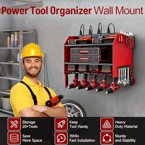 Power Tool Organizer Wall Mount with Charging Station, Heavy Duty 3 Layers Tool Storage Rack with 4 Cordless Drill Holder, Battery Holder with 8 Power Strip, Ideal for Garage, Warehouse, Workshop - Image 3