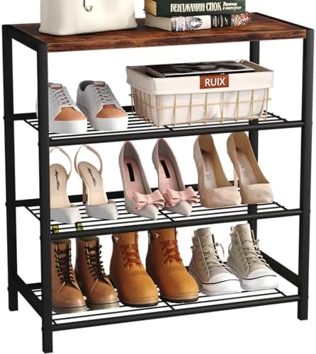 Yusong Shoe Rack Organizer, 4 Tier Industrial Shoe Storage Shelf, Narrow Sturdy Metal Shoe Shelves for Closet Entryway, Rustic Brown by Yusong