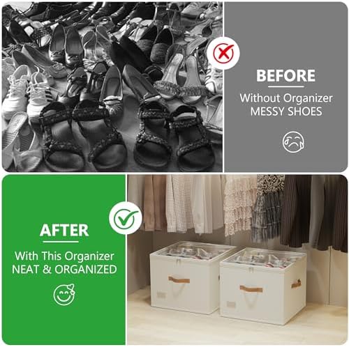 Vincona Shoe Organizer for Closet, 2 Pack Foldable Shoe Storage Bins with Clear Cover & Handles, 16-Compartment Shoe Box for Sneakers, Heels, Boots, Space-Saving Shoe Rack for Entryway, Dorm, RV - Image 5