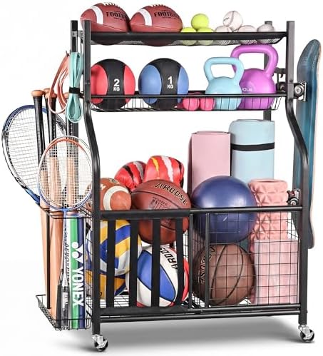 PLKOW Sports Equipment Storage for Garage, Indoor/Outdoor Sports Rack for Garage, Ball Storage Garage Organizer with Basket and Hooks,Toy/Sports Gear Storage by PLKOW