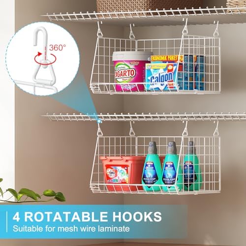 3-Tier Hanging Laundry Basket Organizer：Foldable Wire Shelf Laundry Room Organizer with 360°Rotating Hooks Small Space Solutions Closet Hanging Organizer - Laundry Organization, White Patent - Image 2