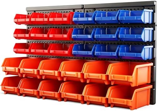 HORUSDY Wall Mounted Storage Bins Parts Rack 30PC Organizer Garage Plastic Shop Tool for Men's Gift, Blue,Orange,Red by HORUSDY