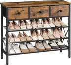 YATINEY 4-Tier Shoe Rack with 3 Drawers, Metal Shoe Organizer for 15 Pairs with Storage Shelves and Wooden Top, for Entryway, Hallway, Foyer, Closet, Rustic Brown and Black SS34BR by Yatiney