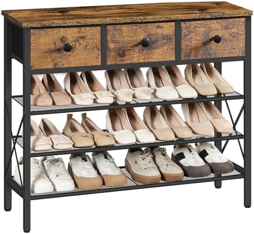 YATINEY 4-Tier Shoe Rack with 3 Drawers, Metal Shoe Organizer for 15 Pairs with Storage Shelves and Wooden Top, for Entryway, Hallway, Foyer, Closet, Rustic Brown and Black SS34BR by Yatiney