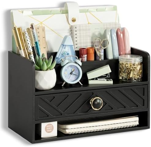 dreampossible Black Wood Desk Organizer and Accessories with Drawer, Bill Mail Organizer and File Mail Holder for Office Supplies, Desk Accessories & Workspace Organizers for Desk Organization by dreampossible