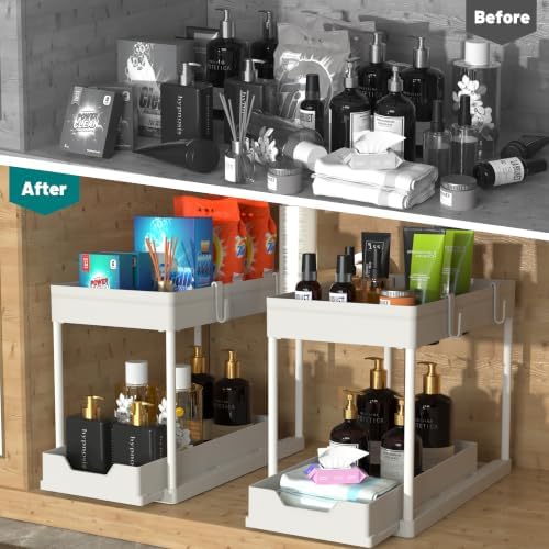 MEAFBIRD 2 Pack Under Sink Organizer, 2 Tier Bathroom Cabinet Organizer with Sliding Basket, Multi-Purpose Under Sink Organizers and Storage for Bathroom Kitchen (White 2 Pack) - Image 3
