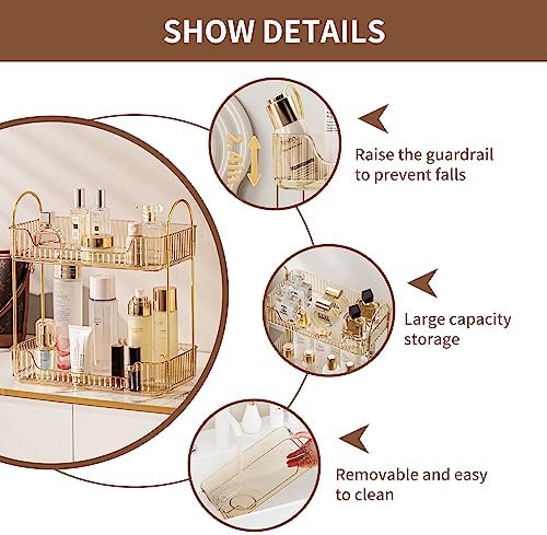 Akinbas 2 Tier Bathroom Organizer Countertop Makeup Perfume Tray Skincare Organizer for Bathroom Dresser Vanity (Gold) - Image 3