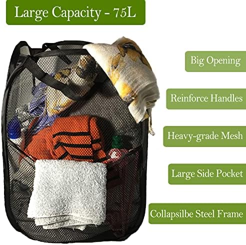 BATTOO Deluxe Strong Mesh Pop up Laundry Hamper Basket with Side Pocket Foldable Hamper for Laundry Room, Bathroom, Kids Room, College Dorm or Travel Black + Black - Image 3