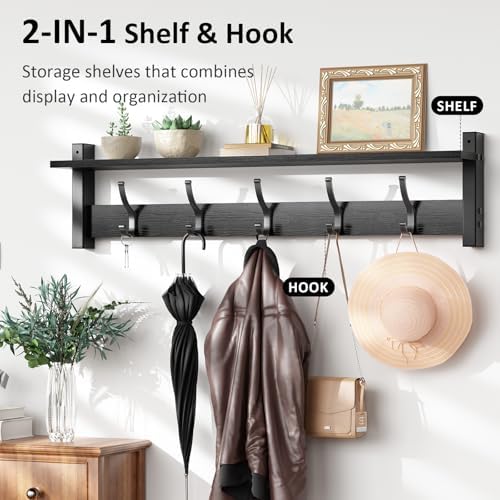 Optish Coat Rack Wall Mount with Shelf, 29 Inch Coat Hanger Walls Mounted, Hat Rack for Walls, Shelf with 5 Coat Hooks, Wall Hanger for Entryway (Black) - Image 4