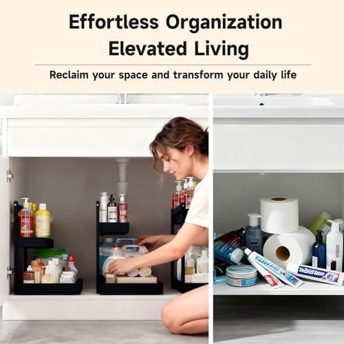 Bamboo Undersink Organizer Storage - 2-Tier Cabinet Shelf with Adjustable Levels, Under Sink Storage Slide Out for Cabinet Pantry Kitchen Bathroom (Black, 2 Packs) - Image 3