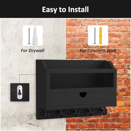 Nekon Key and Mail Holder for Wall, Key Organizer with Drawer, Black - Image 7