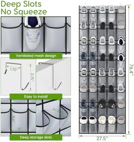 Over the Door Shoe Organizer with 40 Large Breathable Mesh Pockets, Space Saving Shoe Holder, Hanging Shoe Rack for Entryway Bedroom Closet Storage (Grey, 80 Pockets) - Image 2