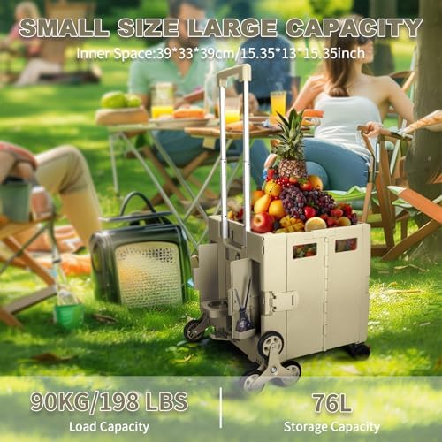 76L Folding Utility Cart Portable Rolling Crate Handcart Shopping Collapsible Tool Box with Stair Climbing Wheels,Hidden Lid,2 Rotate Wheels,for Grocery,Shopping,Office,Storage(Brown) - Image 3