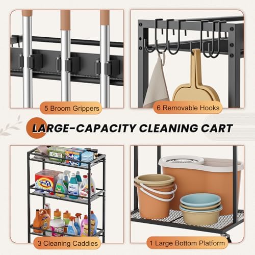 Olakee Taller Broom Holder with Cleaning Supplies Organizer, Broom Closet Storage Cabinet with Mop Hanger Gripper Rack Hooks, Housekeeping Janitorial Cart with Cleaning Caddy, Garage Home Improvement - Image 4