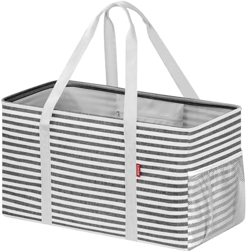 LHZK Standing Extra Large Utility Tote Bag with Metal Wire Frame and the Sides Rinforced, Extra Large Tote Bag with Handle, Reusable Grocery Bags Foldable, Beach Bag, Car Tote, Black by LHZK