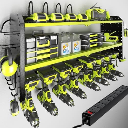 KAFAHOM Power Tool Organizer with Charging Station, Built in 8 Outlet Power Strip,Large 8 Drill Holder Wall Mount, Heavy Duty Metal Power Tool Storage Rack Tool Shelf for Garage Organization by KAFAHOM