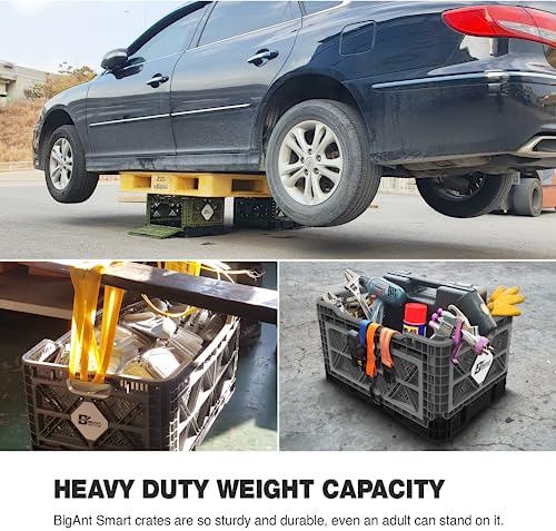 Bigant Heavy Duty Collapsible & Stackable Plastic Milk Crate-Medium Size, Tan, Stackable Open Front Organizer, Snap Lock Foldable Industrial Garage Storage Bin Container Utility Basket - Image 7