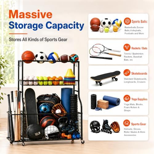 DuraMax Sports Storage Rack for Garage with Wheels, Ball Storage Rack and Sports Equipment Storage Rack, Garage Sports Organizer with Mesh Bin, Basket, Hooks and Bat Rack - Image 2
