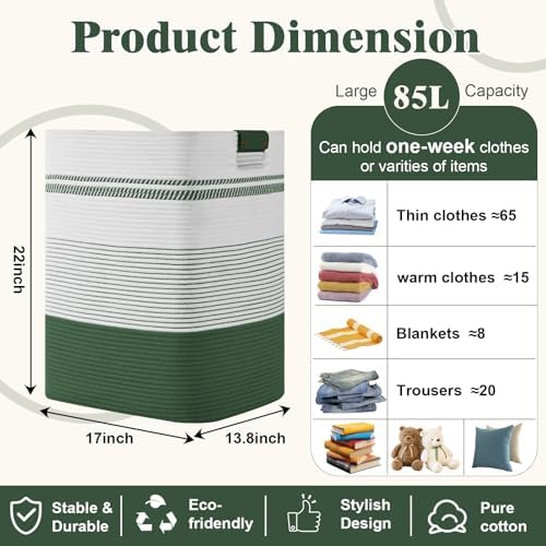 Laundry Hamper, 85L Tall Laundry Basket with Leather Handles, Rectangle Large Clothes Hamper for Organizing, Cotton Woven Laundry Baskets Storage Hampers for Bedroom, Nursery, Living Room - Image 3