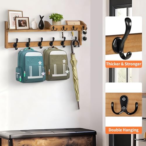 Coat Rack Wall Mount with Shelf, 27.5" Entryway Wall Hanging Shelf, Coat and Key Hanger with 10 Dual Hooks, Mail Organizer and Key Holder Hat Rack for Wall, Wood Coat Hooks with Storage - Image 4