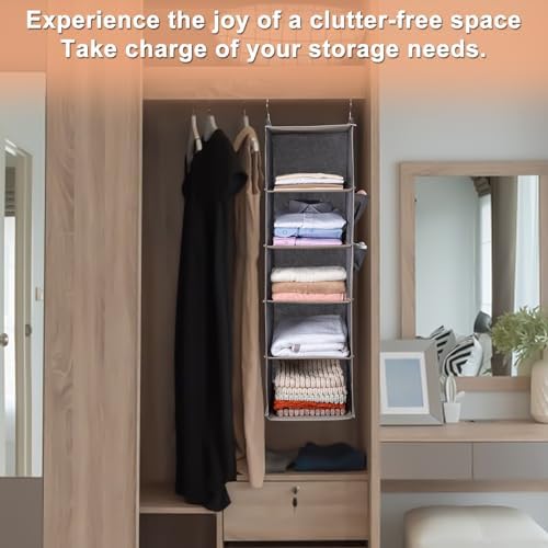 BOOMIBOO Hanging Closet Organize and Shelves,5-Hanging Shelf （Beige） | Dorm Room Essentials, Clothes Organizer with 2 Side Pockets, Hanging Shelves for Closet Storage, Breathable Fabric - Image 5