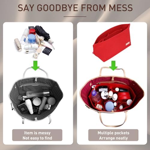 Doxo Purse Organizer Insert for Handbags & Base Shaper 2pc Set, Felt Neverfull MM Organizer Insert, Tote Bag Organizer with Zipper Pocket and Bottle Holder, Fit Speedy 30 Neverfull MM and More,Red-L - Image 6