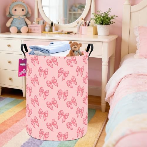 Laundry Hamper Large Canvas Fabric Storage Basket Pink bowknots - Image 4