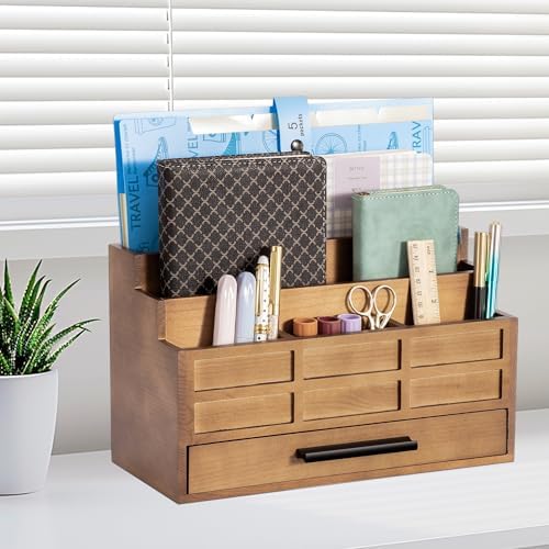 dreampossible Brown Wood Desk Organizer and Accessories with Drawer, Bill Mail Organizer and File Mail Holder for Office Supplies, Rustic Desk Accessories & Workspace Organizers - Image 6